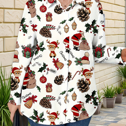 Plus Size, Women's Plus Size Winter Deer & Moose Print Blouse - Long Sleeve Christmas Party Shirt with Collar & Button Front, Red & Black Nordic Winter Pattern, Machine Washable Elegant Casual Holiday Outfits for Christmas &