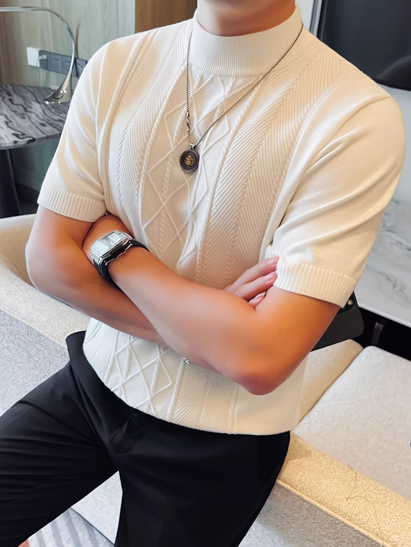 Men's New Solid Color Rhombus Fashion Semi-High Neck Knit Sweater, Spring/Summer Casual Short Sleeve Knit Top - ayq