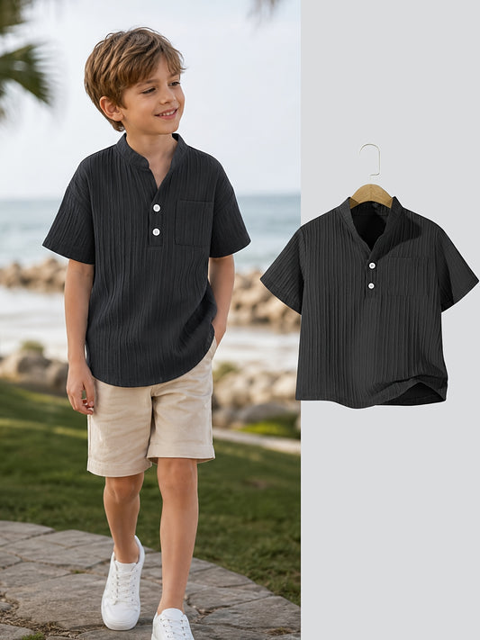 Boys' Casual Button-Up Short Sleeve Shirt with Cardigan Collar - ayq