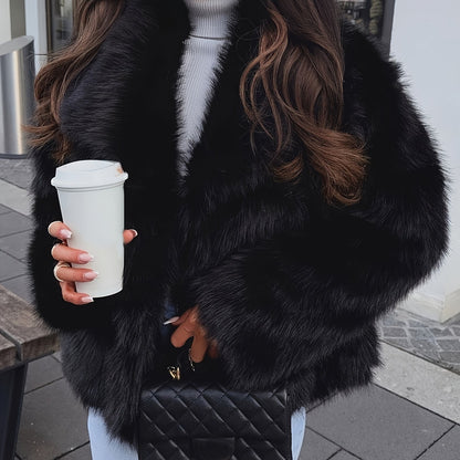 Women's Elegant Luxury Faux Fur Coat - Winter Warm Solid Black Outerwear with Plush Fur Collar, Machine Washable Winter Coat for Fall & Winter, Casual to Formal Events, Faux Fur Jacket for Women, Chic and Sophisticated Design
