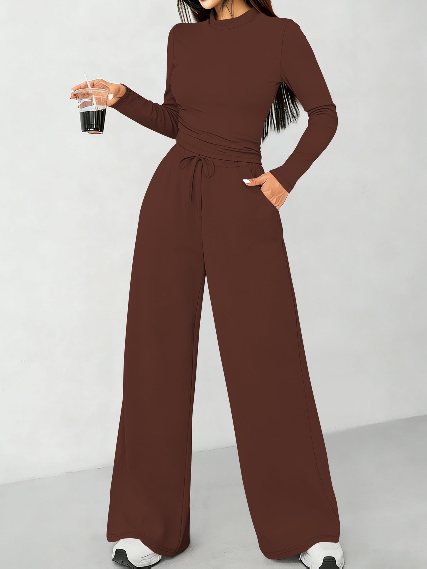 All-season Solid Color Long-sleeved Top and High-waisted Wide-leg Pants Casual Suit