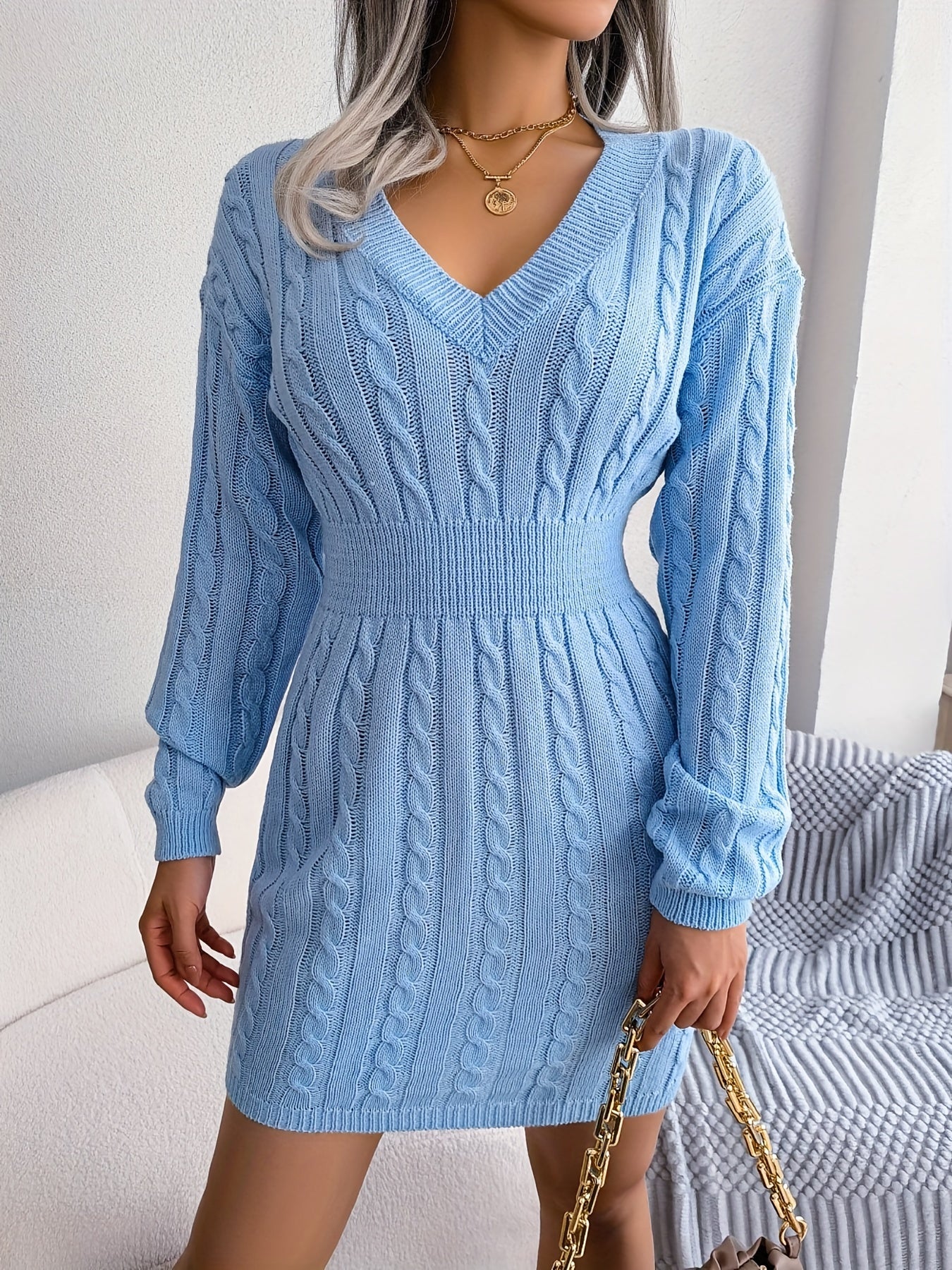 Women's White/ Twist- V-Neck Shorter-to-Oversized-Hem White Button-like Placket (No Buttons) Dress - Full-Length Long Sleeve Winter Winter Short/Long Dress (No) - Slim-Fit Tummy Control for Fall/Winter (Low-Maintenance