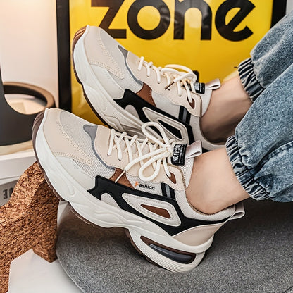 Men's Fashion Sneakers - White/Black/Brown PU Upper, Breathable Fabric Lining  Cushioned EVA Insole, Durable PVC Sole, Lace-Up Mid-Top Design for All-Season Casual  Daily Wear, High Top Sneakers, Versatile Footwear, Modern