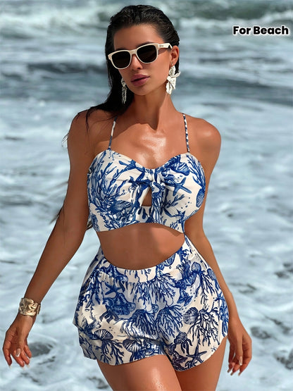 Women’s Blue Printed 3-Piece Bikini Set with High Stretch Fabric