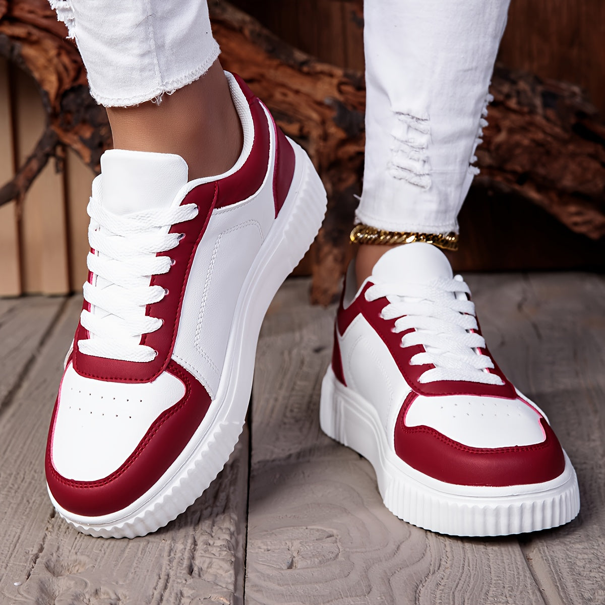Women’s Casual Dual-Tone Low-Top Sneakers with Lace-Up Closure