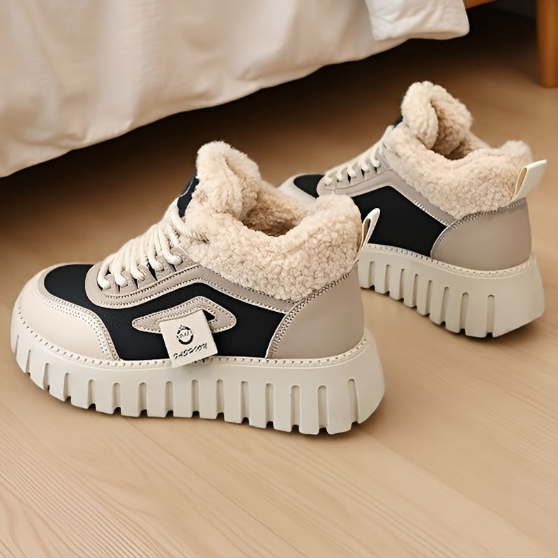 Women'S Winter Warm High-Top Sneakers - Breathable Synthetic, Plush Lined, Durable PVC Sole, Stylish Beige & White Design for Outdoor Casual Wear, Winter Sneakers | Stylish Winter Shoes | Durable PVC Sole, Women Winter Shoes,