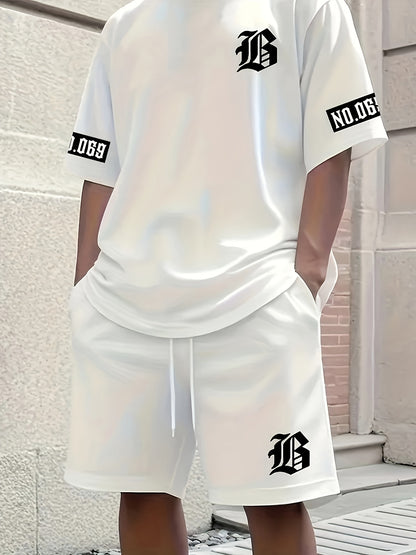 Men's Casual T-Shirt and Shorts Set with Bold "B" Print - Polyester Knit Fabric, Machine Washable, Summer Streetwear, Perfect for Outdoor Activities and Comfortable Leisure Wear