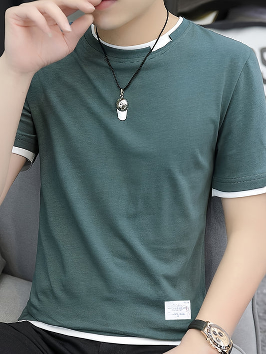 Men'S Casual Black T-Shirt with Color Block Design - Breathable Summer Short Sleeve, Loose Fit, Round Neck, Perfect for Casual Attire, Comfortable Clothing   Color Block Tee   Medium Elasticity