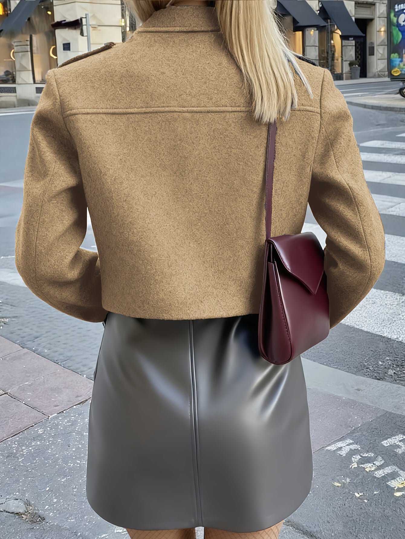 Women'S Burgundy Round-Neck Long-Sleeve Jacket with Pockets And Button Closure for Autumn And Winter, Stylish And Casual.