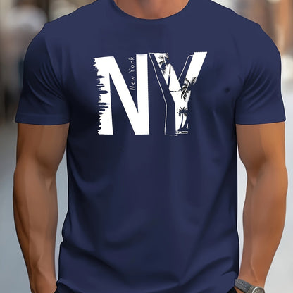 1pc Men'S Casual Cotton Blend T-Shirt with Letter Print, Round Neck, Regular Fit for Summer - Black, Navy, Red