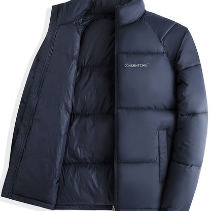 Men'S Winter Warm Jacket - Stylish Black Stand Collar with "CONTRIBUTING" Lettering, Long Sleeve, Zip-Up, Polyester Fleece Lined, Casual Outdoor Sportswear, Winter Jacket, Men, Men'S Business Coat, Men'S Outer Winter, Winter