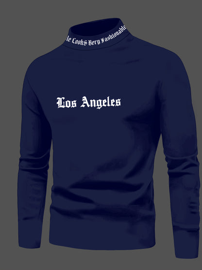Men'S Long Sleeve Crewneck T-Shirt - Los Angeles Print, Soft Fabric, Casual Fit for Fall Sports  Fitness Activities, Weekend Casual Top   Trendy Casual Style   Smooth Texture Fabric