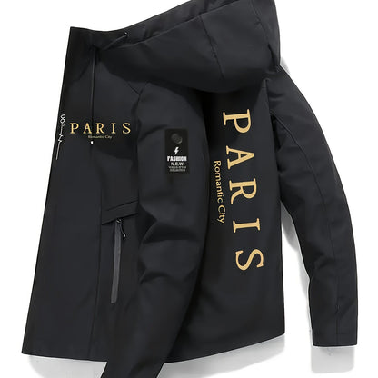 Men's Heavy-Duty Winter Hooded Jacket with Paris Print & French Label-Like Pocket - Full-Zip Full-Length Coat, Slim-Fit Casual Outerwear (Machine Washable) - Blue/Golden for Business & Everyday Use (), Mens Clothes, Workwear