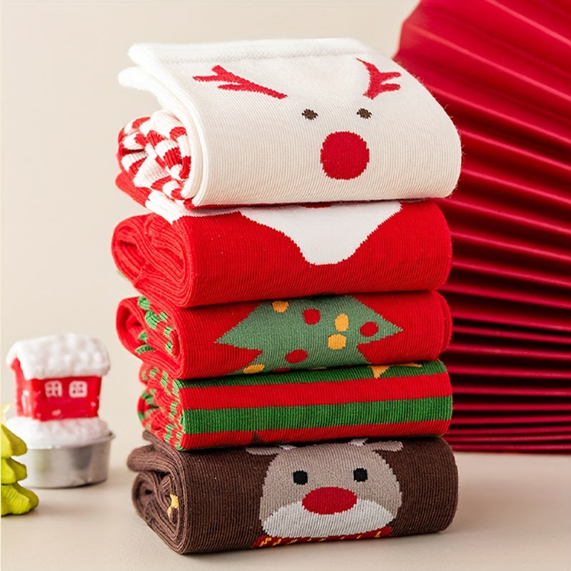 5 Pairs Women'S & Men'S Christmas Mid-Calf Socks - Soft Warm Winter Holiday Socks with Reindeer, Snowflakes, Candy Canes, Gingerbread Men, Santa Hats & More - Machine Washable Cozy Casual & Elegant Christmas Party Socks For C