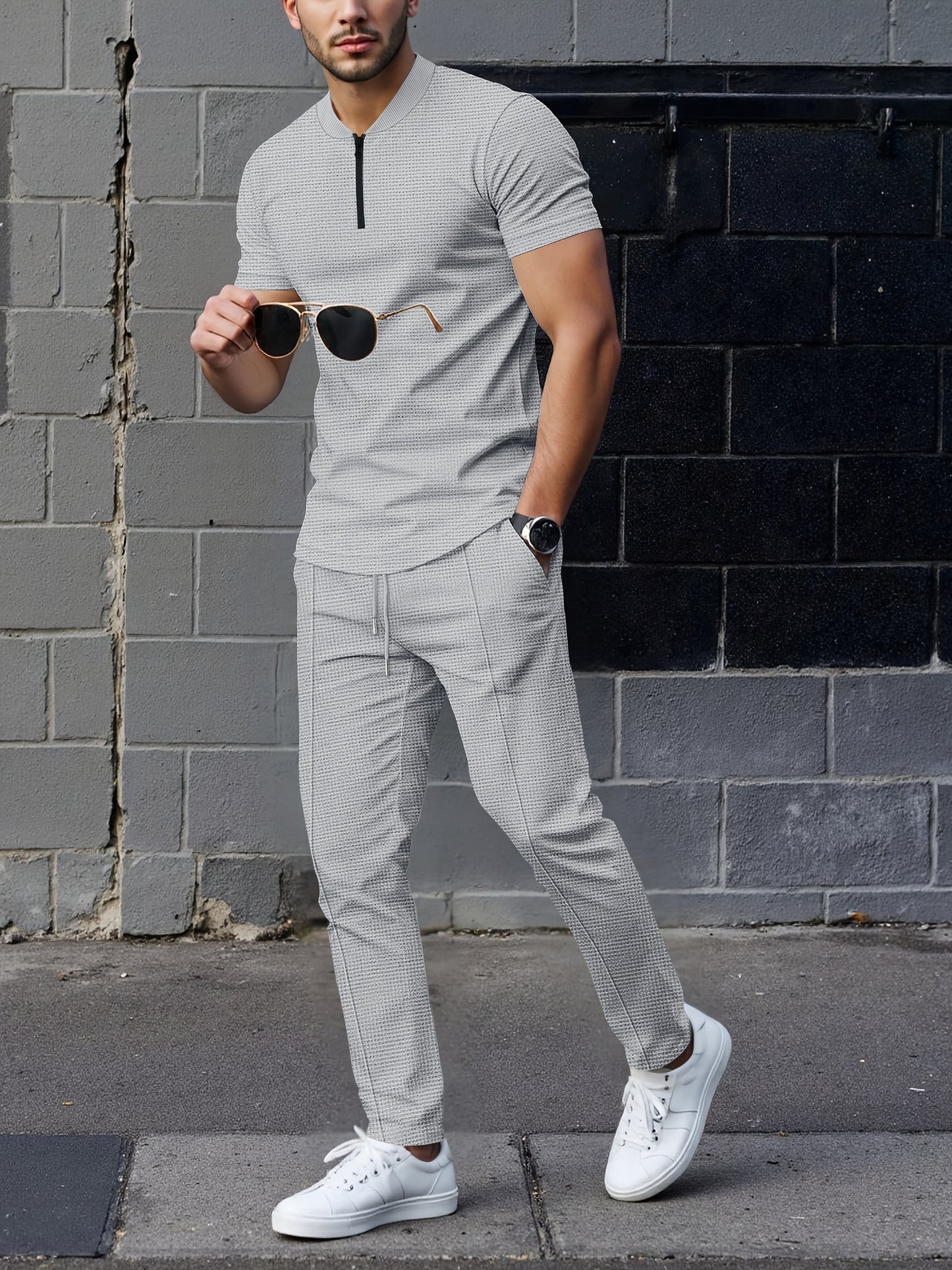 Men's Waffle Knit Zipper Shirt, Rib Collar Short Sleeve T-Shirt, Casual Breathable Summer Top - ayq