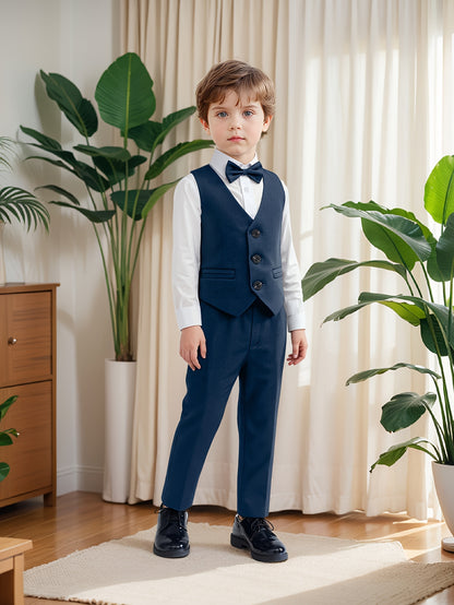 Boys' Preppy 4-Piece Formal Suit with Vest and Bow Tie