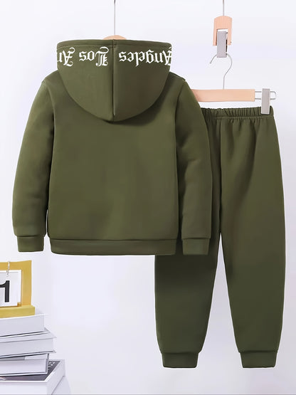 2pcs Boys' Casual Polyester Tracksuit Set, Los Angeles Alphabet Print, Medium Stretch Knit Fabric, Regular Fit, with Fleece-Lined Long Sleeve Hoodie and Joggers, for Daily & Outdoor Wear, Fall/Winter Warmth, for Outdoor