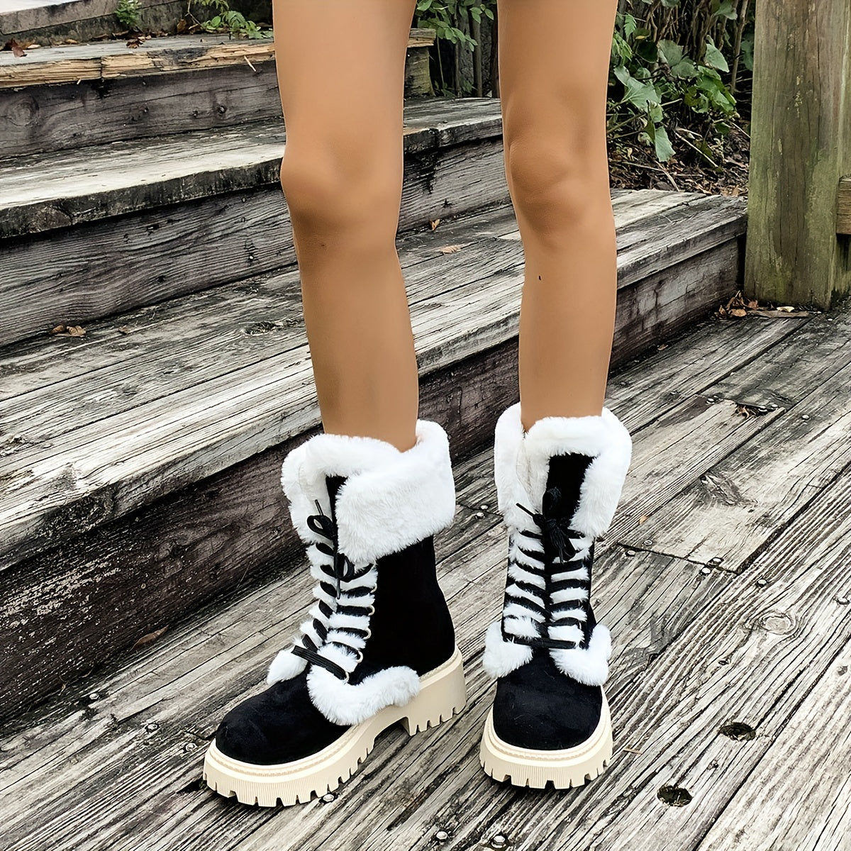 Women's Cozy Fleece-Lined Winter Boots - Mid-Calf Lace-Up with Thick Faux Fur Trim, Round Toe & Chunky Heel in Brown or Black, Perfect for Cold Weather Comfort, Winter Boots