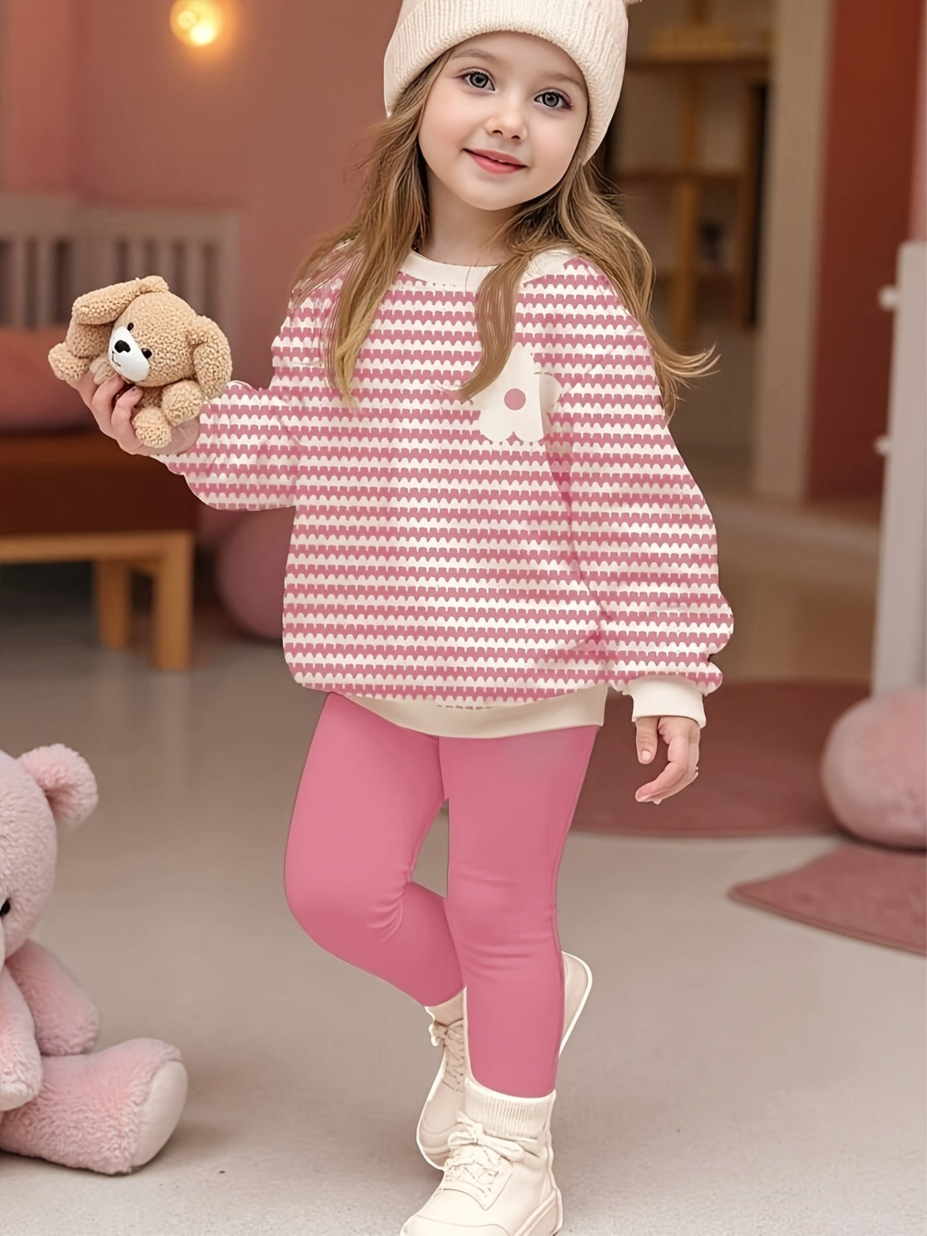 Girls' Striped Floral Sweatshirt & Leggings Set, Soft & Cozy