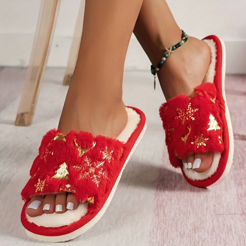 Women'S Winter Plush Slip-On Slippers with Golden Snowflake & Red Tree Print - Soft Warm Indoor House Shoes with Plush Lining, Cozy Winter Footwear for Christmas, Holiday Gifts, Christmas Slippers, Festive Footwear, Seasonal