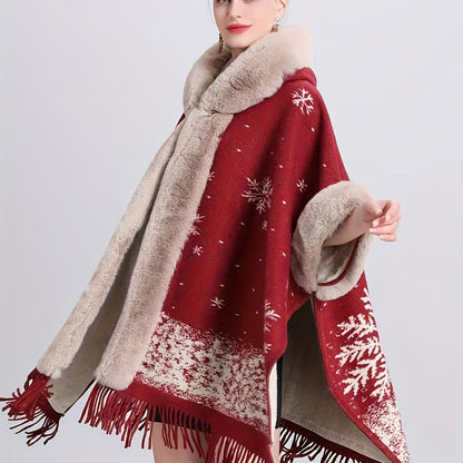 Plus Size, Women's Elegant Red and Beige Christmas Cape - Hooded Winter Cloak with, Non-Stretchy Fabric for Holiday Parties, New Year's Eve, Everyday Winter Outfits - Elegant Special Line, Seasonal Fashion, Stylish Fringe Tri