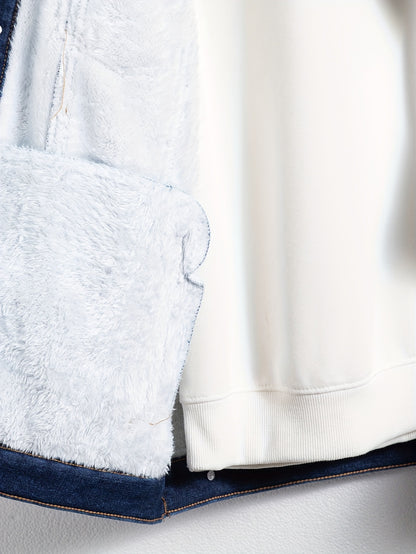 Men's Casual Warm Fleece Lined Denim Jacket, Chic Street Style Button Up Jacket for Fall Winter