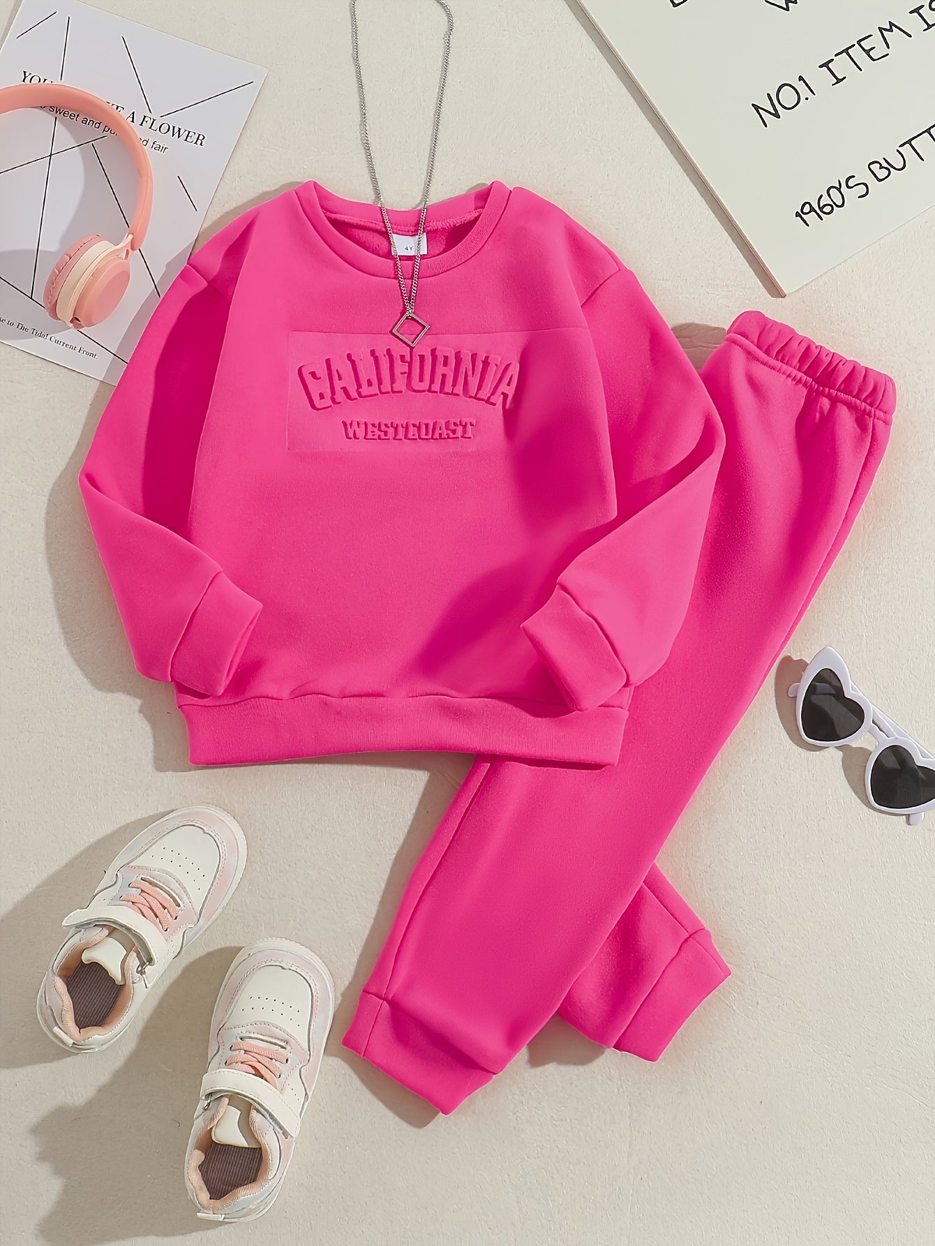 Tween Girls' Autumn/Winter Letter Embossed Warm Lined Sweatshirt and Joggers, Perfect for Outdoor