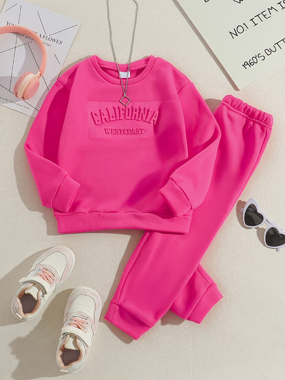 Tween Girls' Autumn/Winter Letter Embossed Warm Lined Sweatshirt and Joggers, Perfect for Outdoor