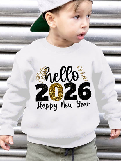 Boys' 2026 New Year'S Eve Party Sweatshirt - Hello 2026 Happy New Year Fireworks Print, Loose Fit Long Sleeve Pullover with Golden Glitter Lettering, Casual Winter Warmth For Boys, New Year Sweatshirt, Festive Clothing, Playf