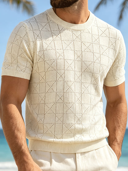 Men's Loose Fit Short Sleeve Hollow Knit Crew Neck Top