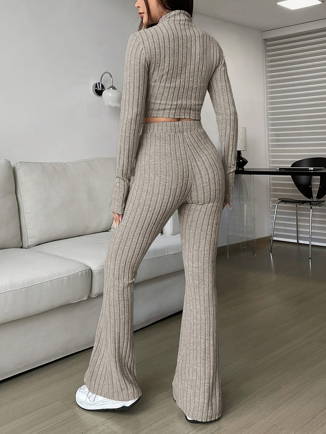 Elegant Zipper Cardigan & Wide Leg Pants Two-Piece Set