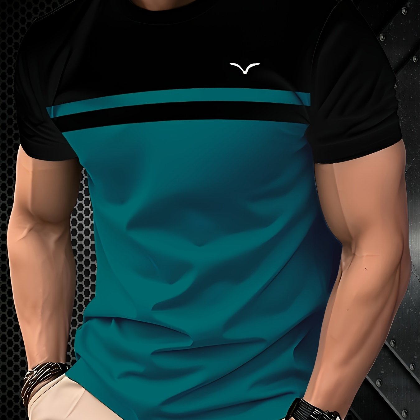 [Casual Chic] Men'S Casual Color Block T-Shirt - Short Sleeve, Round Neck, 3D Print, Lightweight 150g/㎡ Polyester, Stylish Teal  Black Stripe Design for Casual Attire, Versatile Tshirt   Modern Casualwear   3D Print Shirt,