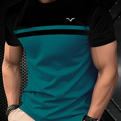 [Casual Chic] Men'S Casual Color Block T-Shirt - Short Sleeve, Round Neck, 3D Print, Lightweight 150g/㎡ Polyester, Stylish Teal  Black Stripe Design for Casual Attire, Versatile Tshirt   Modern Casualwear   3D Print Shirt,