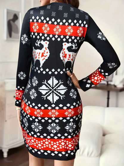 Christmas Deer Print Bodycon Dress, Casual Crew Neck Long Sleeve Mini Dress, Women's Clothing