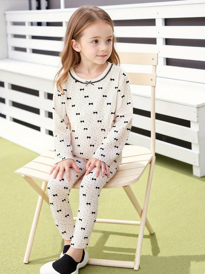 Girls' Cotton Bow Print Casual Top and Pants Set for Spring-Fall