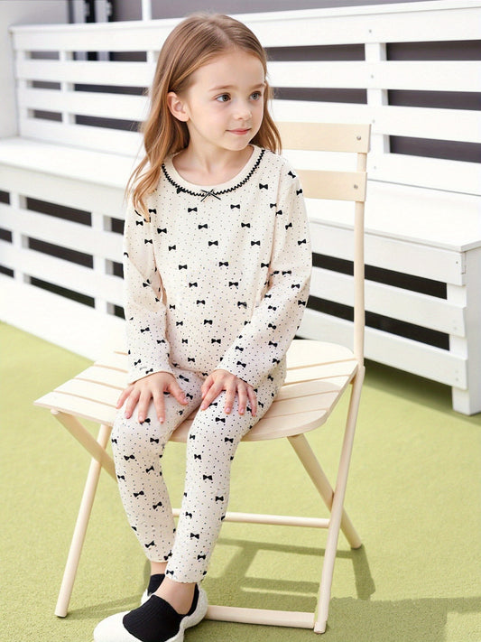 Girls' Cotton Bow Print Casual Top and Pants Set for Spring-Fall