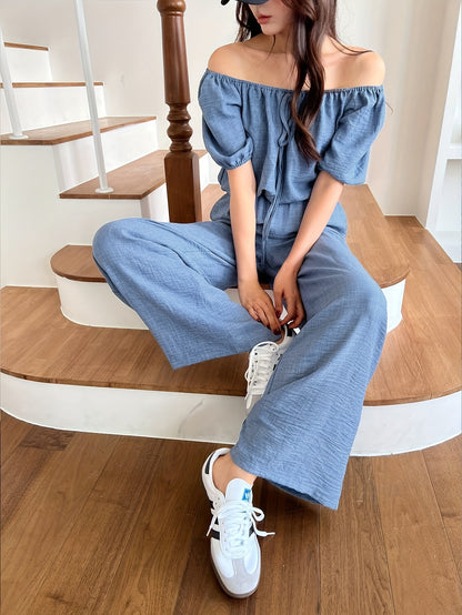 Women's Summer Solid Color Off-Shoulder Puff Sleeve Crop Top and Loose Wide-Leg Pants Two-Piece Set