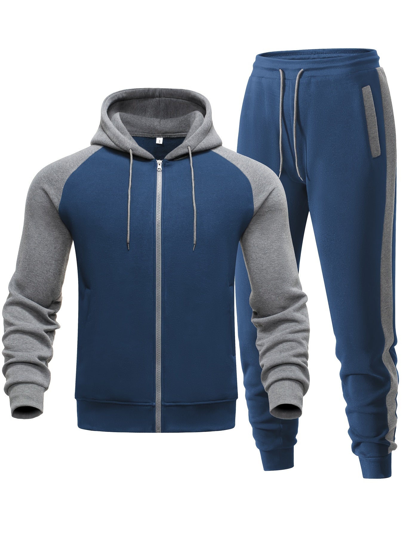 Men'S Casual Sports Hoodie Two-Piece Set with a Color-Blocked Design, Featuring a Zip And Drawstring Waist, Suitable for Jogging in All Seasons
