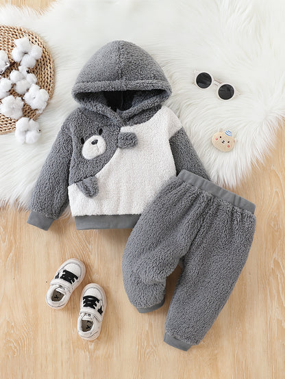 JOPGEEY 2pcs Baby Winter Outfit Set - Cute Plush Hooded Long Sleeve Romper & Pants with 3D Animal Ear Applique (Bears/Cats/Dogs), Soft Stretch Fabric, Machine Washable Cozy for &, Perfect for Outdoor