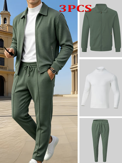 Men's Casual 3-Piece Knit Set with Zipper Jacket & Drawstring Pants