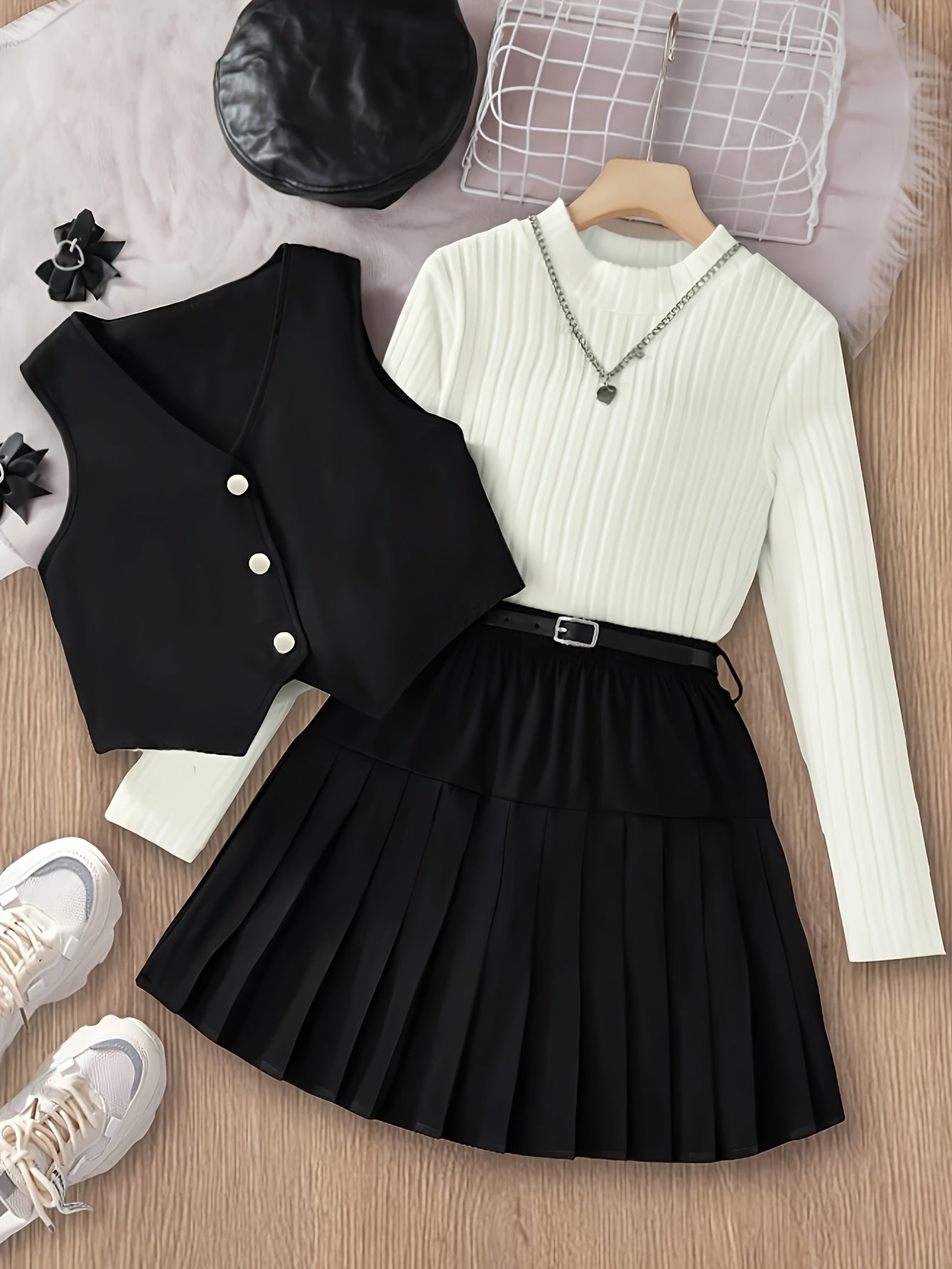 Girls' Casual Round-Neck Top, V-Neck Vest & Pleated Skirt Set