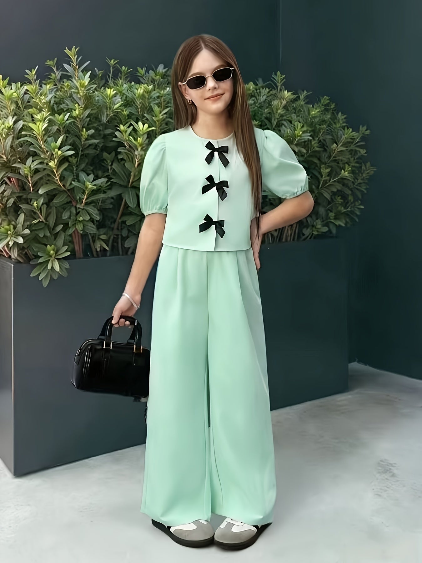 Girls' Casual Puff Sleeve Top & Pants Set for Spring Summer