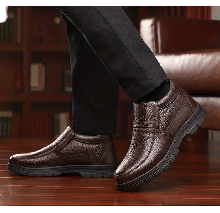 Genuine Leather 2025 Snow Boots Shoes Top Layer Cowhide Men's Boots Winter New Fashion Versatile Litchi Pattern Soft Leather Thick Sole Warm Shoes -Lined Work Boots Inner Filling with Cold Resistant Warmth, Warmth Locking Pow