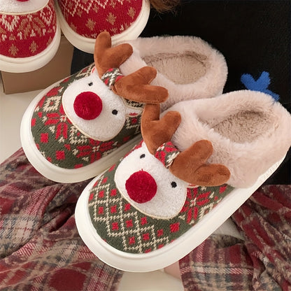 XIXITIAO Women's /Korean Style Winter Slippers - Deer & Reindeer Pattern Cozy Warm Booties, Soft Fabric & Sole for Indoor/Outdoor Use, Cute Animal Shoe for Christmas, Hand Washable