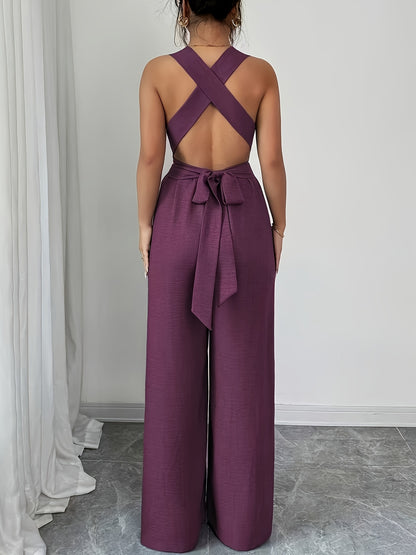 Elegant Women’s V-Neck Polyester Jumpsuit with Belt and Wide Legs