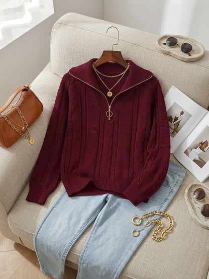 Women's Fall Winter Pullover Sweater with Zipper Lapel