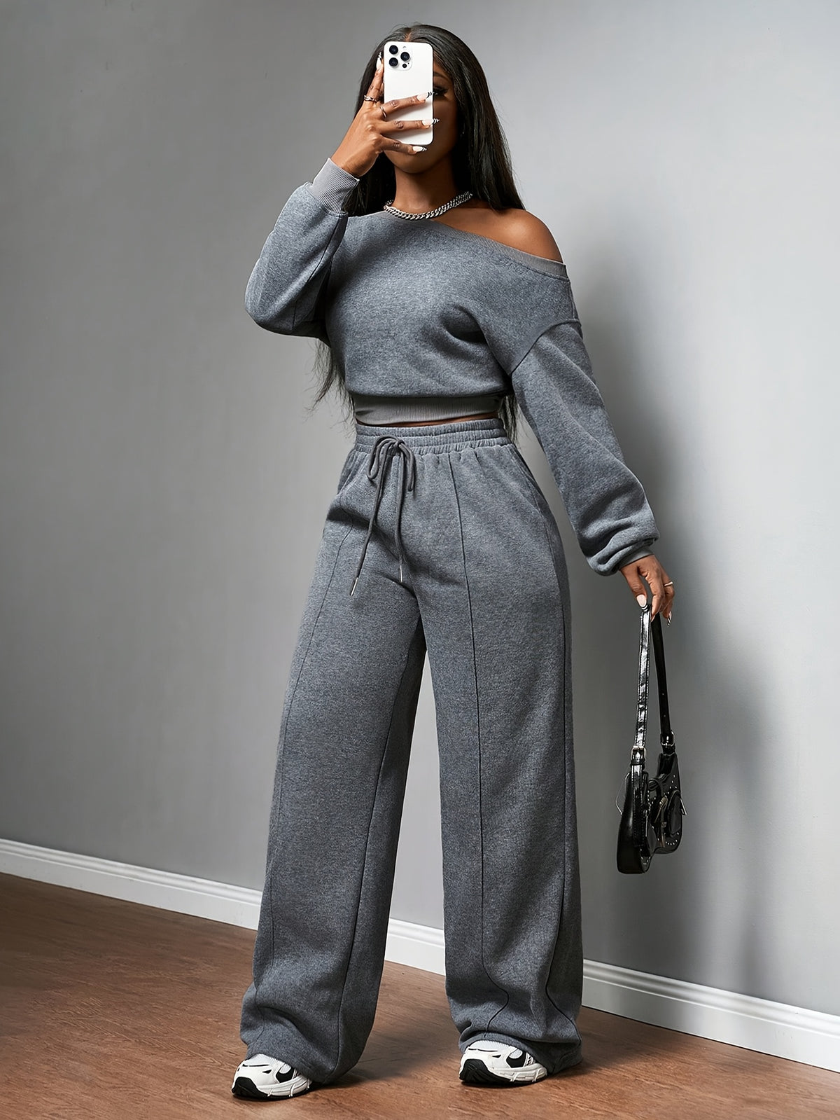 Women's Casual Off-Shoulder Sweatshirt & Wide-Leg Pants Set - ayq