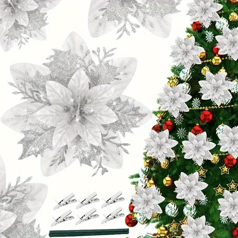 60 Shiny Flower Clips - 5.5-Inch Large Decorative Set, Suitable for Christmas, Weddings, New Year & Family Gatherings - Includes 30 Flowers & 30 Clips, Easy To Hang, Best For Christmas