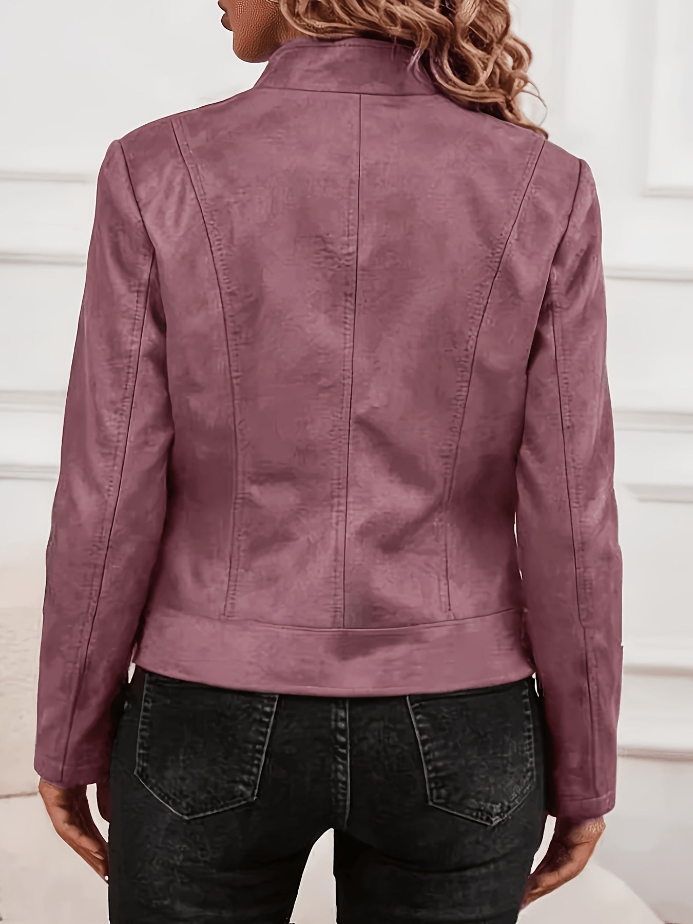 Plus Size Elegant Biker Jacket with Metallic Zipper for Spring/Fall