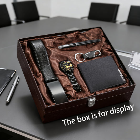 5pcs Men'S Business Set Including a Quartz Watch, a Business Belt, a Wallet, a Pen, And a Keychain
